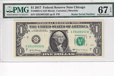 💥 2017 $1 RADAR SERIAL NOTE 💥 PMG 67 EPQ GEM UNC – PALINDROME #G25100152D – RA - Image 1 of 2