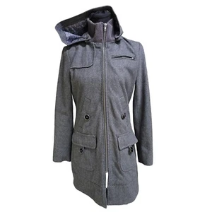 Tulle Gray Mid Length Wool Blend Removable Hood Coat. Decorative Lining, Size S - Picture 1 of 10