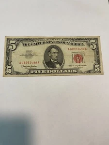 Fehlerschein 1963 5 $ Schein rotes Siegel zirkuliert 48953499 Fehlausrichtung - Bild 1 von 2