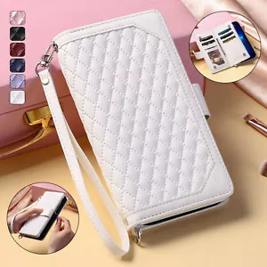 Zipper Grid Leather Wallet Phone Case For iPhone 14 13 12 11 Pro Max X XR SE 8 7 - Picture 1 of 55