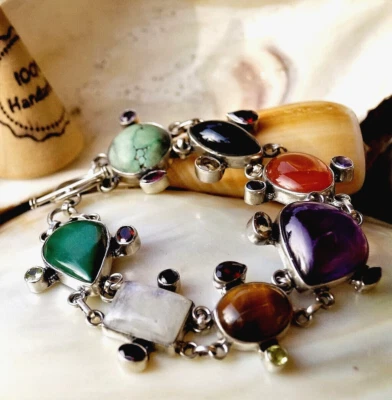 Vintage Design 3 cm Breit 925er Silber Statement Armband 21 cm Multistone Bunt - Bild 1 von 4