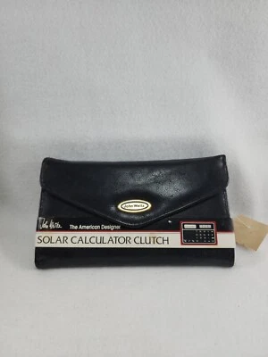 Carteira John Weitz vintage calculadora solar embreagem couro preto anos 80 talão de cheques - Imagem 1 de 4