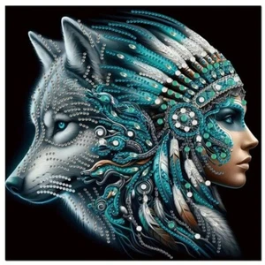 Kit de pintura de diamantes 5D 30X30 cm mujer nativa americana y lobo - formas de cristal - Imagen 1 de 4