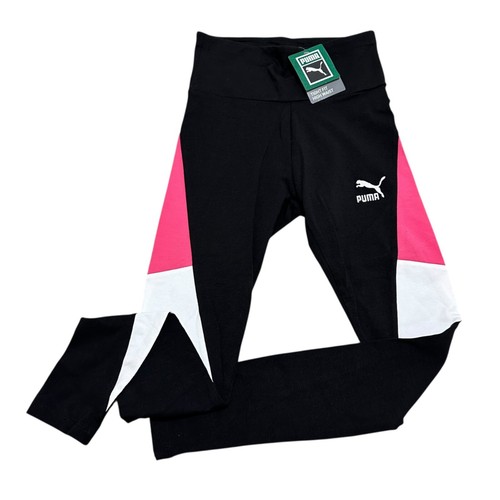 Leggings donna Puma Swxp taglia XS nero rosa bianco logo colorblock nuovi con etichette