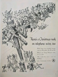 Anuncio impreso sistema telefónico campana vintage 1943, Christmas Rush On Telephone Lines - Imagen 1 de 1