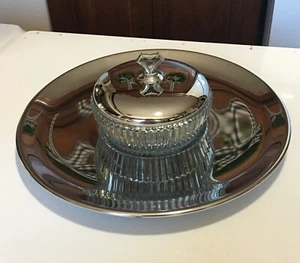 Bandeja de servir redonda vintage años 60 MCM Kromex 13" chip N inmersión tazón de vidrio con tapa - Imagen 1 de 8
