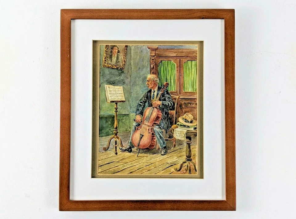 José Joaquín Tejada Original Acuarela Pintura de un Hombre Tocando un Violonchelo Foto 1 de 3