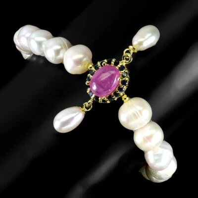 925 Sterling Silver Bracelet Red Ruby 10x8mm Pearl Sapphire Natural Jewelry 8inc - Image 1 of 4