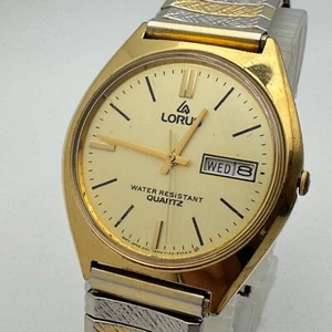 Vintage Lorus Quartz Watch Y143-8050 Men Gold Tone Stretch Day Date New Battery - Picture 1 of 6