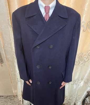 1950s vintage handtailored bespoke Wool & Camel hair db navy over coat 50R 2XL - Image 1 of 4