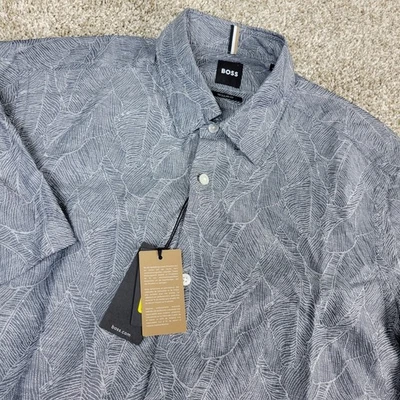 NWT Hugo Boss Regular Fit Mens Medium Gray AOP Floral Button Up Short Sleeve - Image 1 of 4