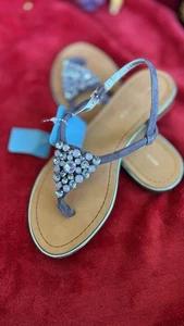 Mark Fisher Thong Flat Sandals Womens 6 Blue Tan Ankle Strap Rhinestones Buckle - Picture 1 of 5