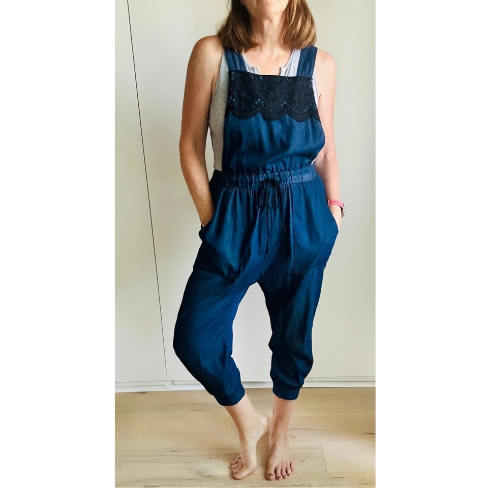  Anna Sui Denim Cambray Mono Capri Talla Pequeña Baberos Jogger Vintage Años 90 Era Foto 1 de 4