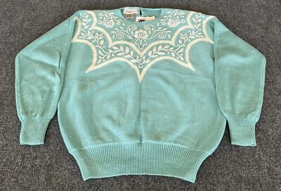 Jaclyn Smith Womens L NWT VTG Sweater Pullover Green White Embroidered Floral  - Image 1 of 4