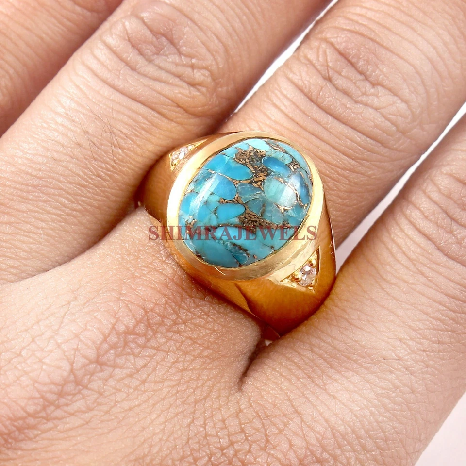 Lab Created Copper Turquoise With 18K Gold Plated Silver Men's Ring #913 - Image 1 of 4