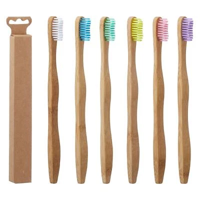 GESCHENKESTADL 6 Stück Bambus Zahnbürste Mittel in 6 Farben Holz Nachhaltig Holzzahnbürste