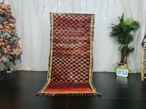 Vintage Moroccan Tribal Handmade Rug 3'1"x6'5" Berber Red Checkered Wool Carpet - Picture 1 of 12