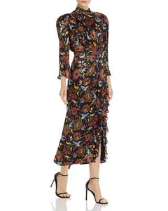 Cinq A Sept Juliana Tie-waist Silk Midi Dress Black Floral Print size 0 - Picture 1 of 8