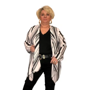 DAMEN JACKE DAMEN SCHWARZ WEISS GESTREIFT CHIFFON WASSERFALL OFFENE VORDERE ABDECKUNG - Bild 1 von 4