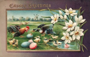 Easter Greetings Rooster & Duck Fighting with babies Vintage Easter Postcard - Picture 1 of 2