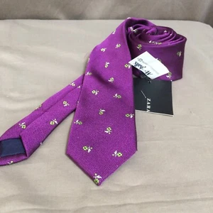 NEW Zara Tie Necktie Silk Purple Skinny 2 3/8” wide Small Flower Print Slim NWT - Picture 1 of 3