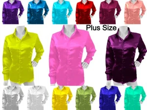 Button Down Shirt Satin Party Women 's Wear Long Sleeve Shirt Plus Size S81-1 - Picture 1 of 43