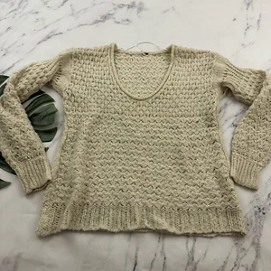 Free People Crashing Waves Pullover Sweater Size S Cream Wool Blend Open Knit - Picture 1 of 13