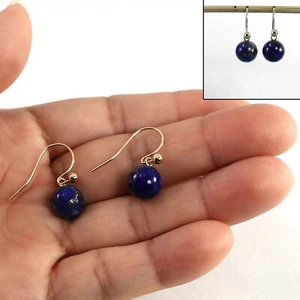 Real 14kt Solid Yellow Gold Ball Blue Lapis Dangle Earrings - Picture 1 of 6