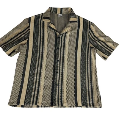 Мужская рубашка ZARA в полоску вязаная на пуговицах с коротким рукавом XL желтовато-коричневая черная курортная повседневная - Изображение 1 из 4