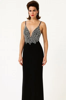 XSCAPE Maxi Vestido Cuentas Cristal Profundo V Formal Fiesta Alta Abertura Cóctel Negro 4 Foto 1 de 4