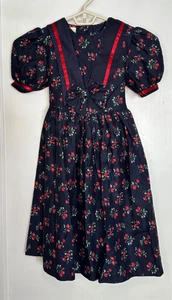 VTG Laura Ashley Mother & Child Size 5Y Navy & Red Floral Dress Bows Puff Sleeve - Picture 1 of 11