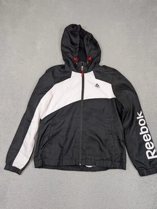 Reebok Jacke Herren Medium schwarz weiß Kapuze durchgehender Reißverschluss Fleece gefüttert Windbreaker - Bild 1 von 19