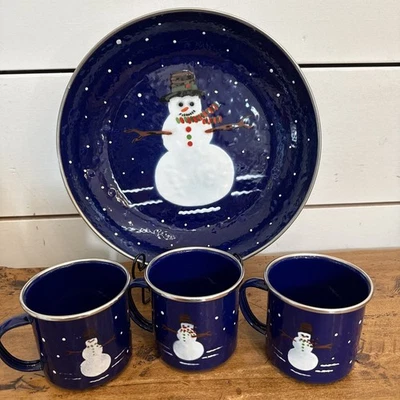 The Golden Rabbit II Snowman SERVING BOWL/ 3 MUGS Denise S Harvey Enamelware - Image 1 of 4