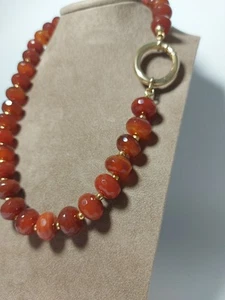 Women Necklace Natural Hard Stones Red Cornelian and Clasp Large 925 Silver - Picture 1 of 10