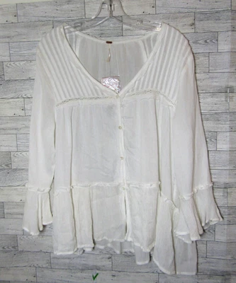 NEW Free People Women's Boho White Top Blouse Lace Cotton Shirt Sz Medium Flare - Image 1 of 4