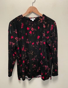 J. Jill Womens Top Size Medium Black Floral Velvet Stretch Romantic Whimsigoth - Picture 1 of 7