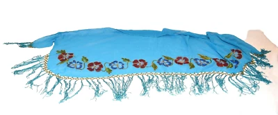 Vintage Sheer Turquoise Painted Floral Gold Thread Chiffon Fringed Wrap Shawl - Image 1 of 4