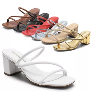 Women Heeled Sandals Open Toe Low Chunky Heel Strappy Mules Slides Shoes US Size - Picture 1 of 50