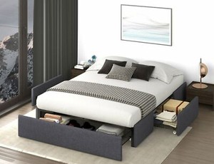 Sifurni Queen Platform Bed Frame with 3 Storage Drawers, Upholstered, Dark Grey