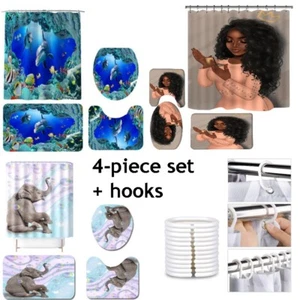 4pcs Shower Curtain Sets Bathroom Bath Mat Toilet Lid Cover Waterproof with Hook - Picture 1 of 13