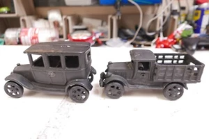 Vintage Cast Iron Model T Farm Stake Truck And Coup Lot Of 2 - Picture 1 of 12