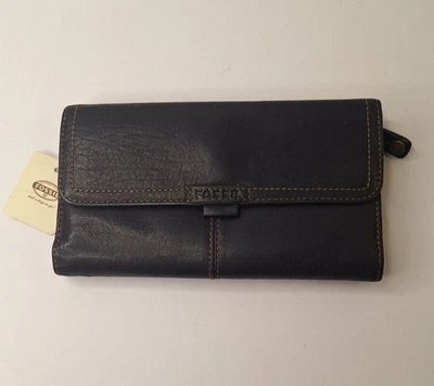 复古 FOSSIL 钱包日常皮革翻盖手拿包黑色全新带标签标志波西米亚 90 年代 — 第 1/4 张图片