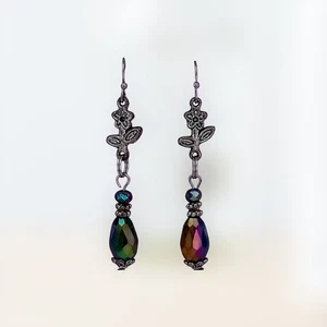 Handcrafted IRRIDESCENT BEADS SILVERTONE FLOWERS Double-Sided Dangle Earrings - Picture 1 of 23