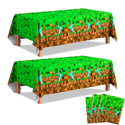 VIVELIFDECO 3Pcs Minecraft Gamer Happy Birthday Party Supplies Tablecloth for Boy Decoration