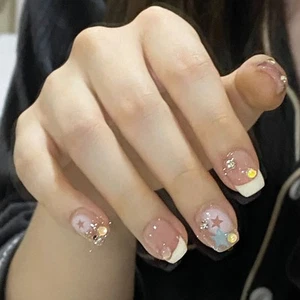 Nude Press on Nails with Star Prints Short Square Fake Nail French Tips Rhinesto - Picture 1 of 6