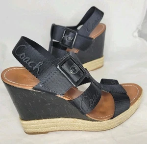 Coach Maryanne Wedge Espadrille Sandals Black Strappy Logo Buckle Women's Sz: 9B - Picture 1 of 12