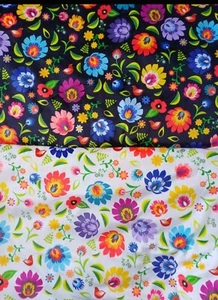 Printed Plush Velvet Upholstery Fabric Folk Flowers on black white - Picture 1 of 3
