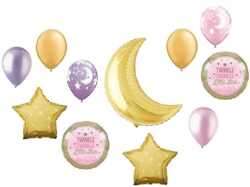 Twinkle Little Star Gold Moon Baby Girl Shower Party (11) Mylar & Latex Balloons - Image 1 of 1