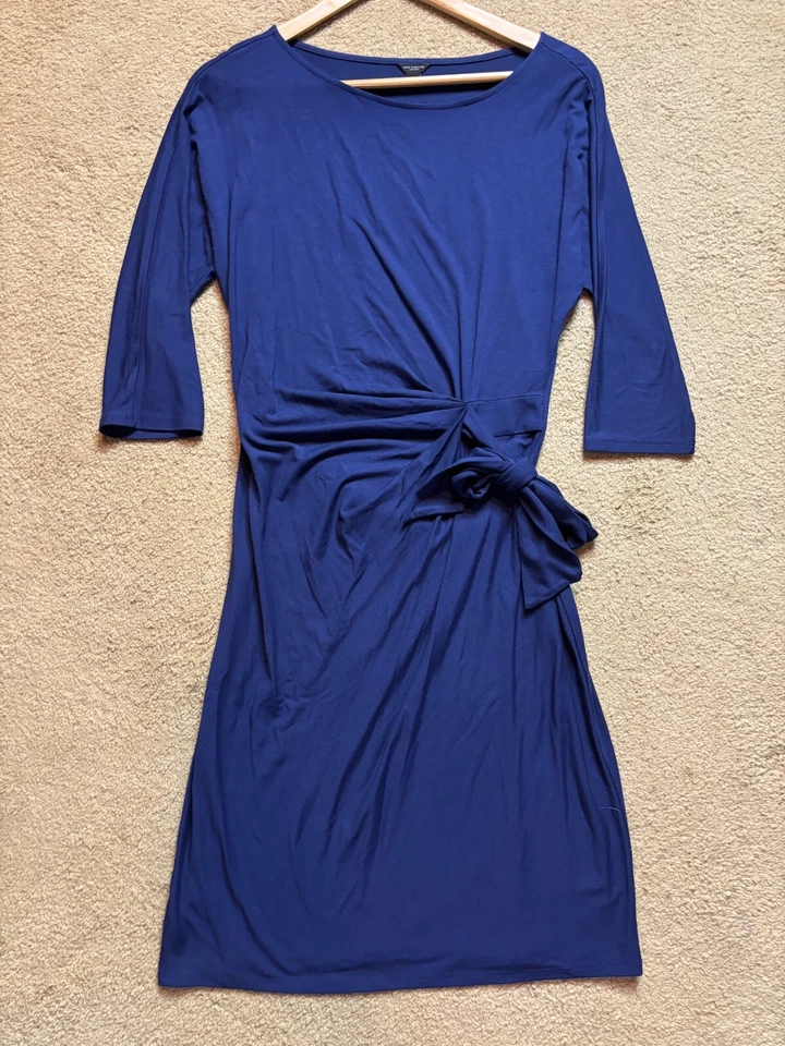 Ann Taylor Navy Blue Faux Wrap Boat Wide Neck Tie Front 3/4 Sleeve Shirt Dress S - Image 1 of 4