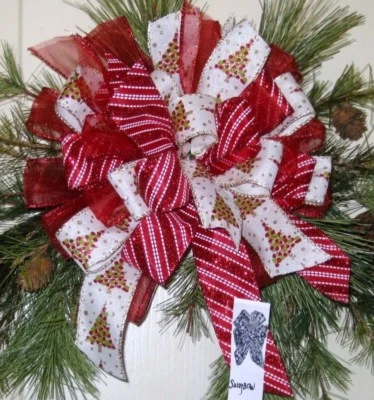 12 " CHRISTMAS CANDY CANE WIRED BOW TREE TOPPER WREATH SWAG GARLAND MAIL # 36 rb - Image 1 of 2